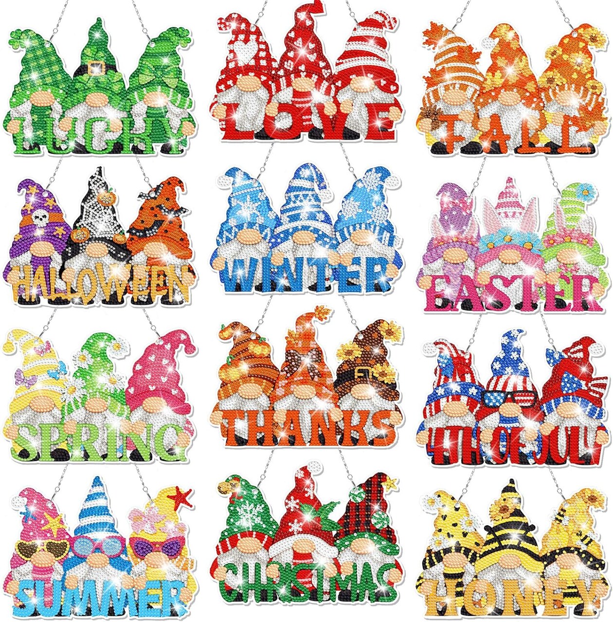 12 Pcs Seasonal Gnome Diamond Art Wreath Kits Diamond Art Gnomes Hanging Signs 5d DIY Gnome Ornaments